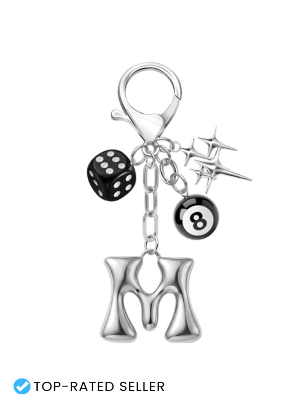 Y2K 8 Ball Dice Keychain with Bubble Initial Charm Silver Star Bag Charm